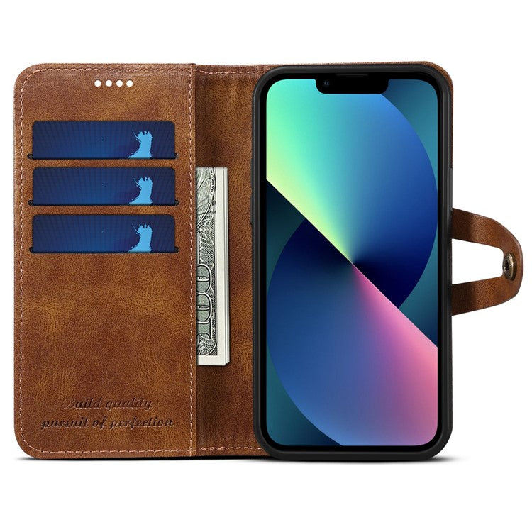 SUTENI Q03 Series Shockproof Phone Case for iPhone 14 Plus, PU Leather Button Closure Flip Stand Wallet Protective Cover - Brown