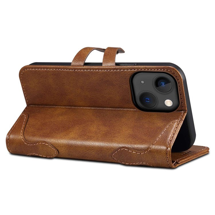 SUTENI Q03 Series Shockproof Phone Case for iPhone 14 Plus, PU Leather Button Closure Flip Stand Wallet Protective Cover - Brown