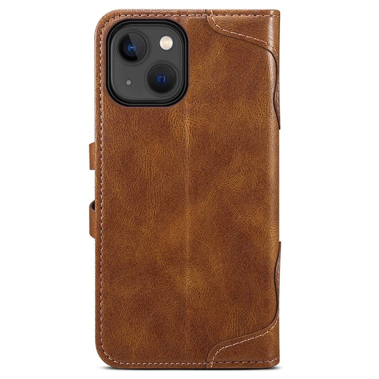 SUTENI Q03 Series Shockproof Phone Case for iPhone 14 Plus, PU Leather Button Closure Flip Stand Wallet Protective Cover - Brown