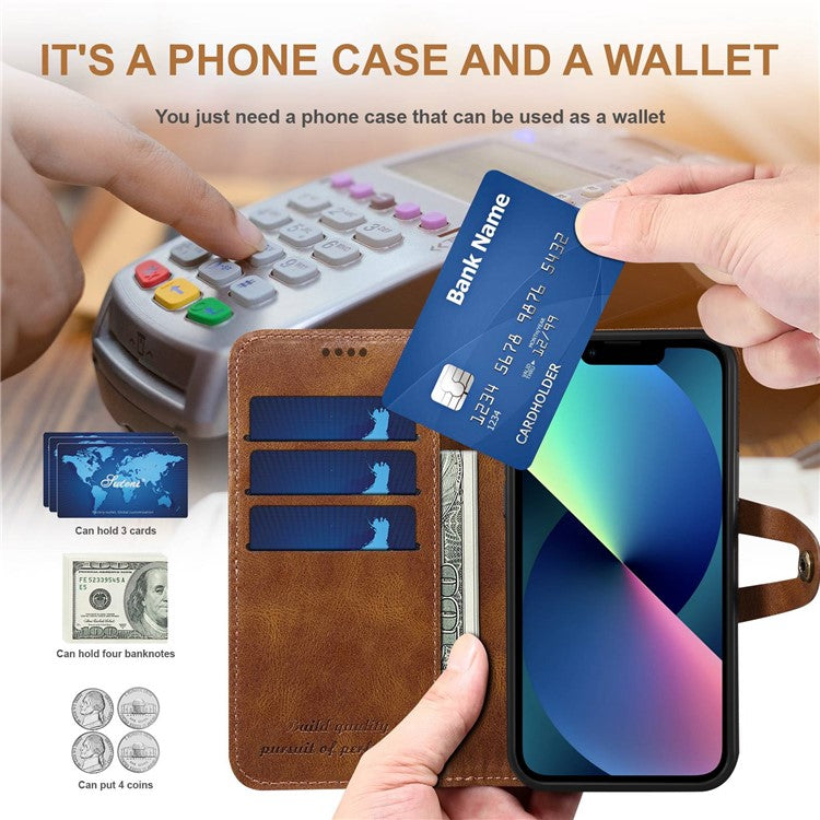 SUTENI Q03 Series Shockproof Phone Case for iPhone 14 Plus, PU Leather Button Closure Flip Stand Wallet Protective Cover - Brown