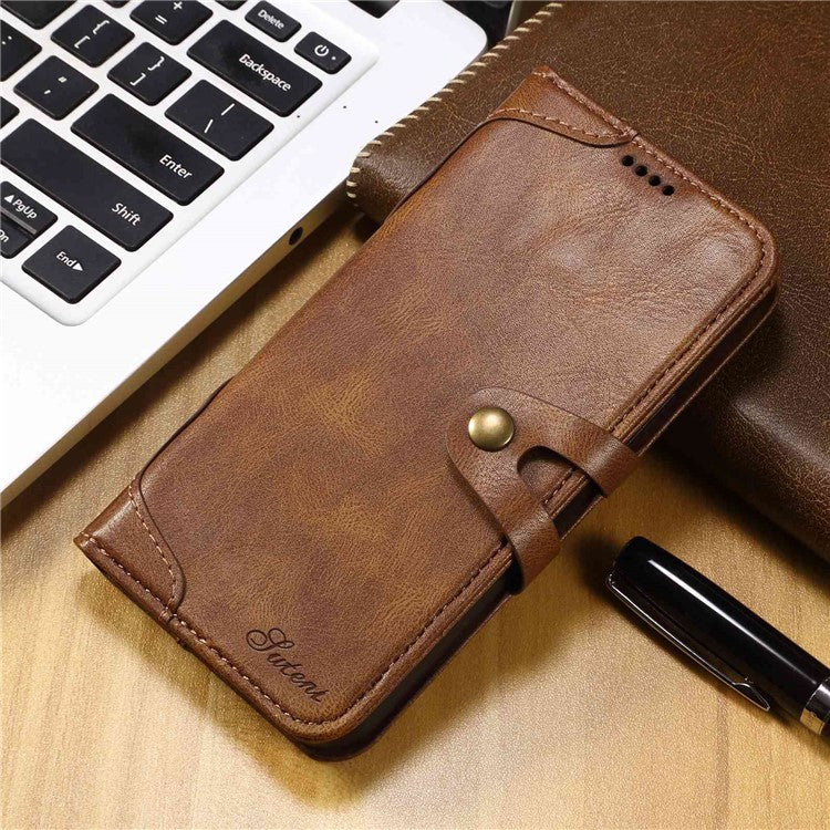 SUTENI Q03 Series Shockproof Phone Case for iPhone 14 Plus, PU Leather Button Closure Flip Stand Wallet Protective Cover - Brown