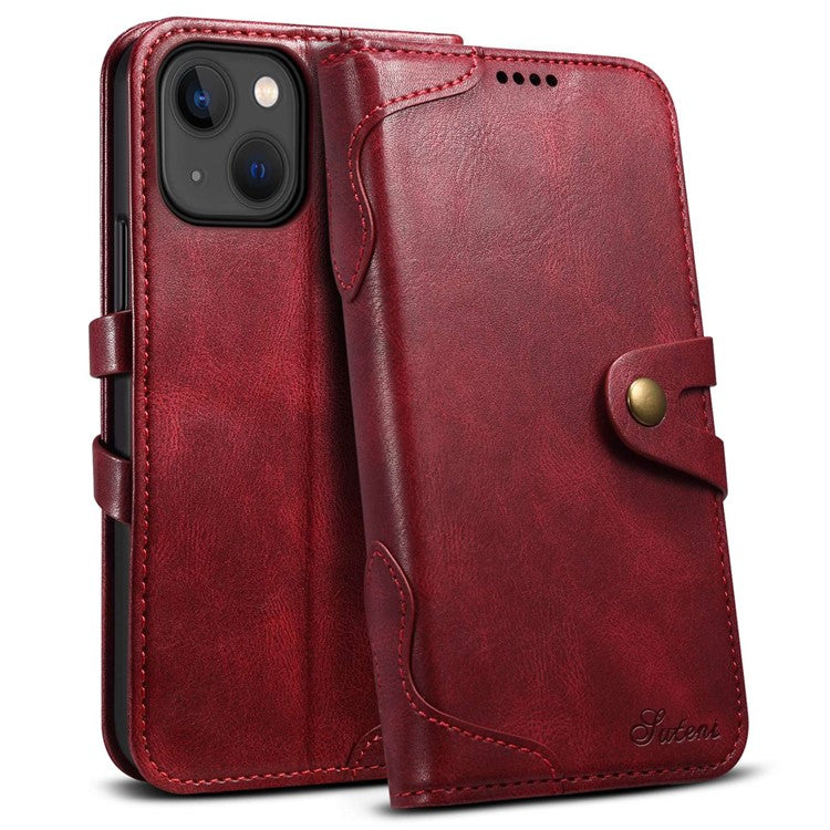 SUTENI Q03 Series Shockproof Phone Case for iPhone 14 Plus, PU Leather Button Closure Flip Stand Wallet Protective Cover - Red