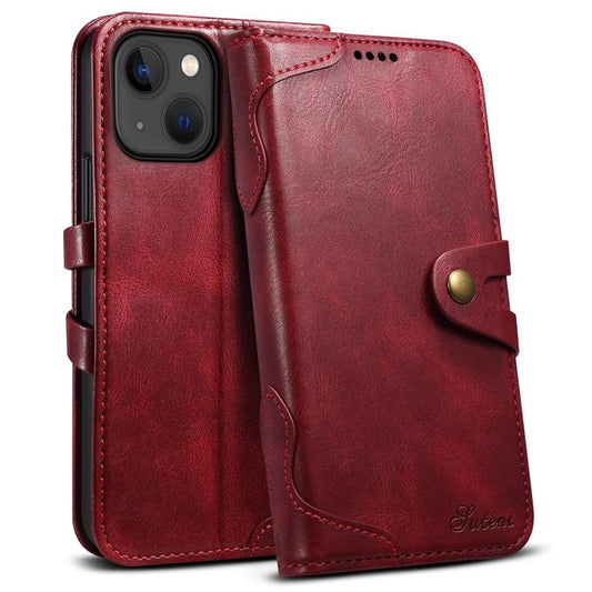 SUTENI Q03 Series Shockproof Phone Case for iPhone 14 Plus, PU Leather Button Closure Flip Stand Wallet Protective Cover - Red