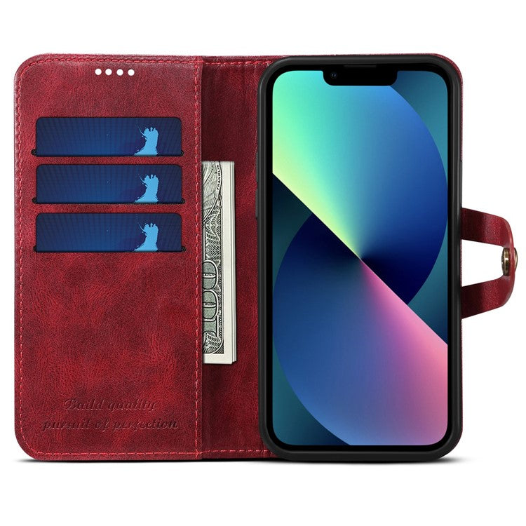 SUTENI Q03 Series Shockproof Phone Case for iPhone 14 Plus, PU Leather Button Closure Flip Stand Wallet Protective Cover - Red
