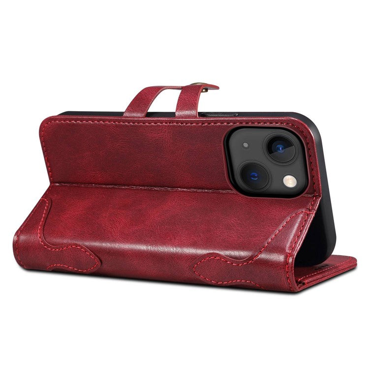 SUTENI Q03 Series Shockproof Phone Case for iPhone 14 Plus, PU Leather Button Closure Flip Stand Wallet Protective Cover - Red