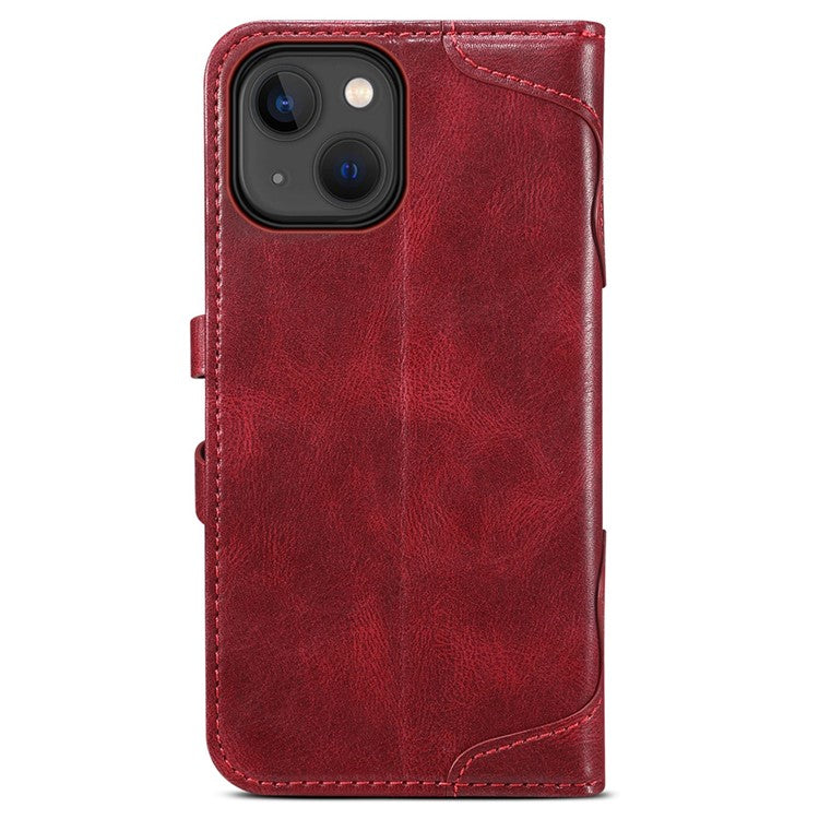 SUTENI Q03 Series Shockproof Phone Case for iPhone 14 Plus, PU Leather Button Closure Flip Stand Wallet Protective Cover - Red