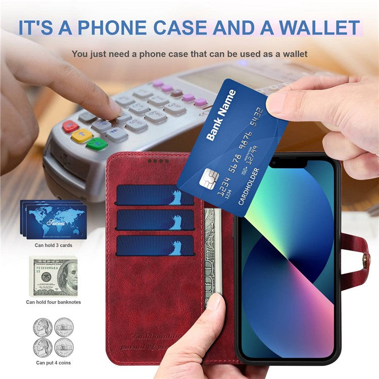 SUTENI Q03 Series Shockproof Phone Case for iPhone 14 Plus, PU Leather Button Closure Flip Stand Wallet Protective Cover - Red