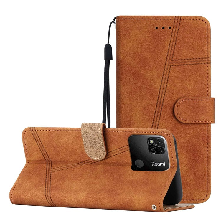 For Xiaomi Redmi 10A Cell Phone Case Wallet Skin-touch Feeling Retro PU Leather Sewing Line Decor Phone Cover - Brown