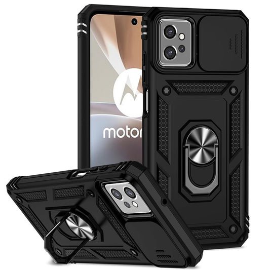 Back Case for Motorola Moto G32 4G, Slide Camera Protector Design Shockproof PC + TPU Protective Phone Cover with Metal Ring Kickstand - Black