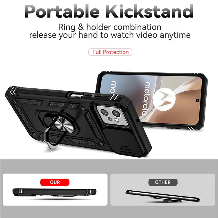 Back Case for Motorola Moto G32 4G, Slide Camera Protector Design Shockproof PC + TPU Protective Phone Cover with Metal Ring Kickstand - Black