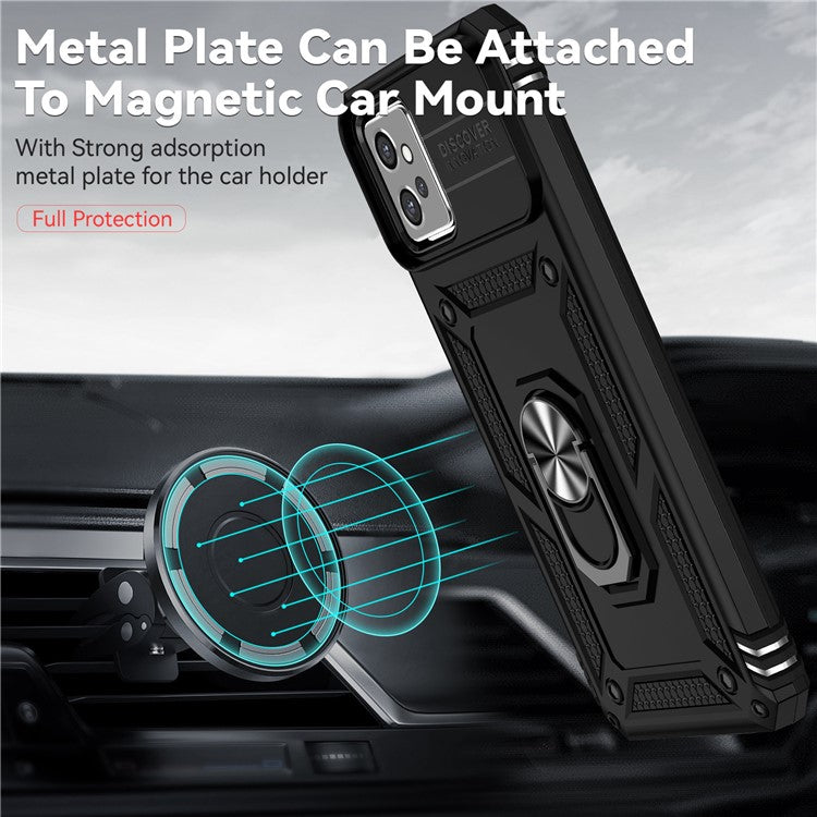 Back Case for Motorola Moto G32 4G, Slide Camera Protector Design Shockproof PC + TPU Protective Phone Cover with Metal Ring Kickstand - Black