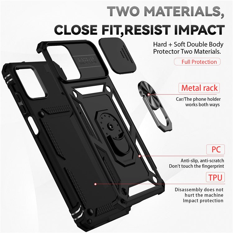 Back Case for Motorola Moto G32 4G, Slide Camera Protector Design Shockproof PC + TPU Protective Phone Cover with Metal Ring Kickstand - Black