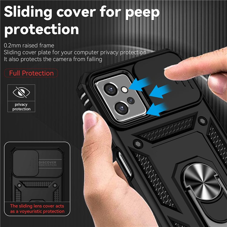 Back Case for Motorola Moto G32 4G, Slide Camera Protector Design Shockproof PC + TPU Protective Phone Cover with Metal Ring Kickstand - Black