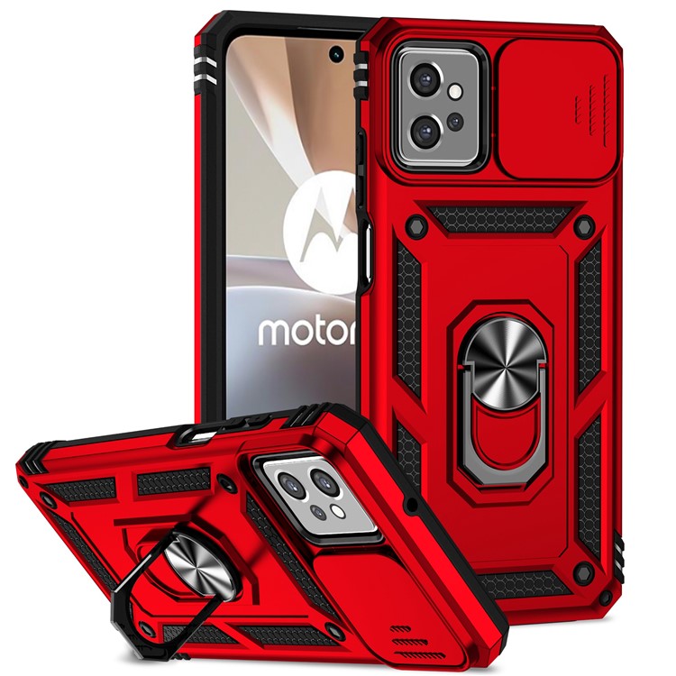 Back Case for Motorola Moto G32 4G, Slide Camera Protector Design Shockproof PC + TPU Protective Phone Cover with Metal Ring Kickstand - Red