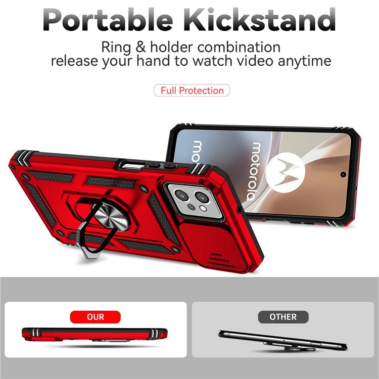 Back Case for Motorola Moto G32 4G, Slide Camera Protector Design Shockproof PC + TPU Protective Phone Cover with Metal Ring Kickstand - Red