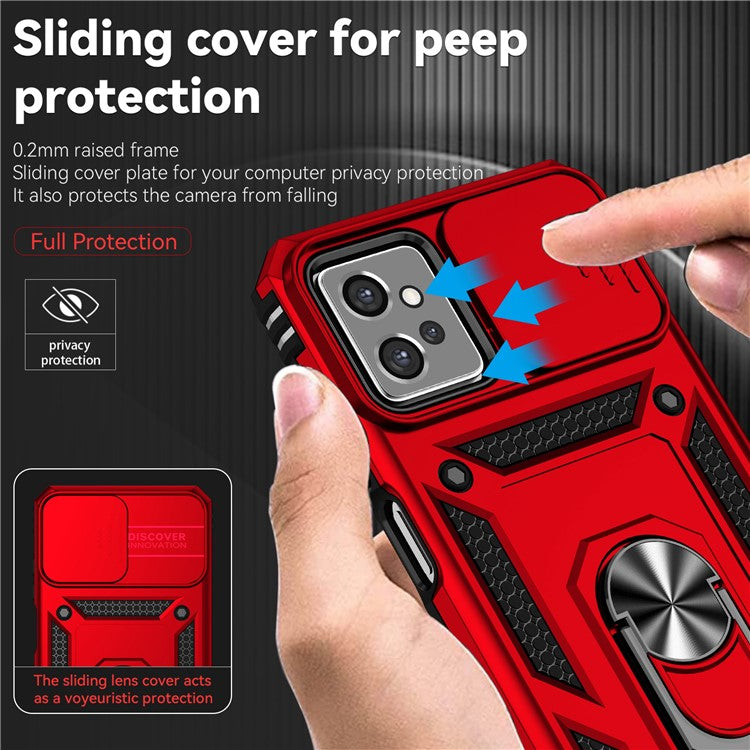 Back Case for Motorola Moto G32 4G, Slide Camera Protector Design Shockproof PC + TPU Protective Phone Cover with Metal Ring Kickstand - Red