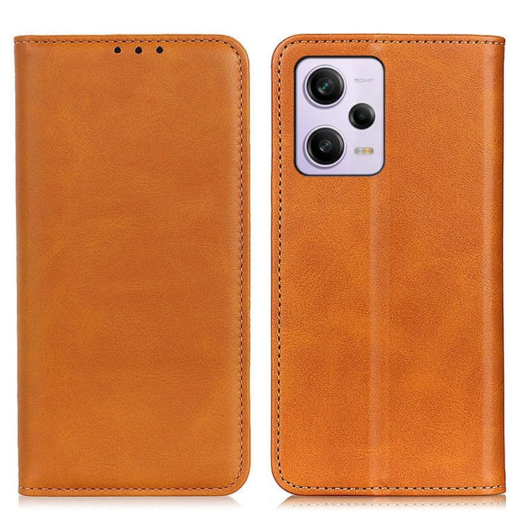 For Xiaomi Redmi Note 12 Pro 5G / Note 12 Pro Speed 5G / Poco X5 Pro 5G Shockproof Split Leather Phone Case Magnetic Auto-absorbed Cowhide Texture Flip Wallet Cover with Stand - Brown