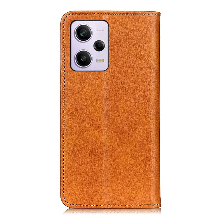 For Xiaomi Redmi Note 12 Pro 5G / Note 12 Pro Speed 5G / Poco X5 Pro 5G Shockproof Split Leather Phone Case Magnetic Auto-absorbed Cowhide Texture Flip Wallet Cover with Stand - Brown