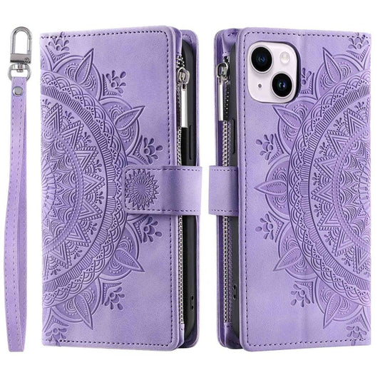 For iPhone 14 Mandala Flower Imprinted PU Leather Phone Cover Stand with Multiple Card Slots Zipper Pocket Wallet Protective Phone Case - Purple