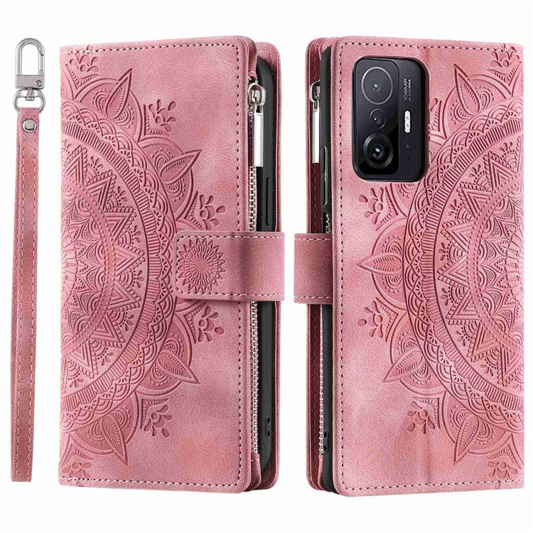 Zipper Pocket Wallet Phone Case For Xiaomi 11T Pro 5G / 11T 5G, Mandala Flower Imprinted PU Leather Protective Phone Cover Stand Multiple Card Slots with Strap - Rose Gold