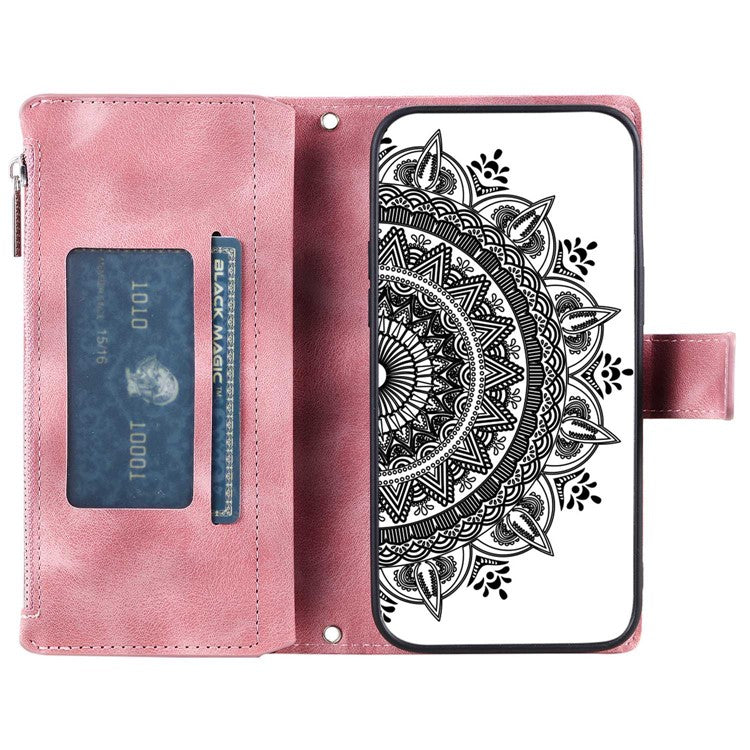 Zipper Pocket Wallet Phone Case For Xiaomi 11T Pro 5G / 11T 5G, Mandala Flower Imprinted PU Leather Protective Phone Cover Stand Multiple Card Slots with Strap - Rose Gold