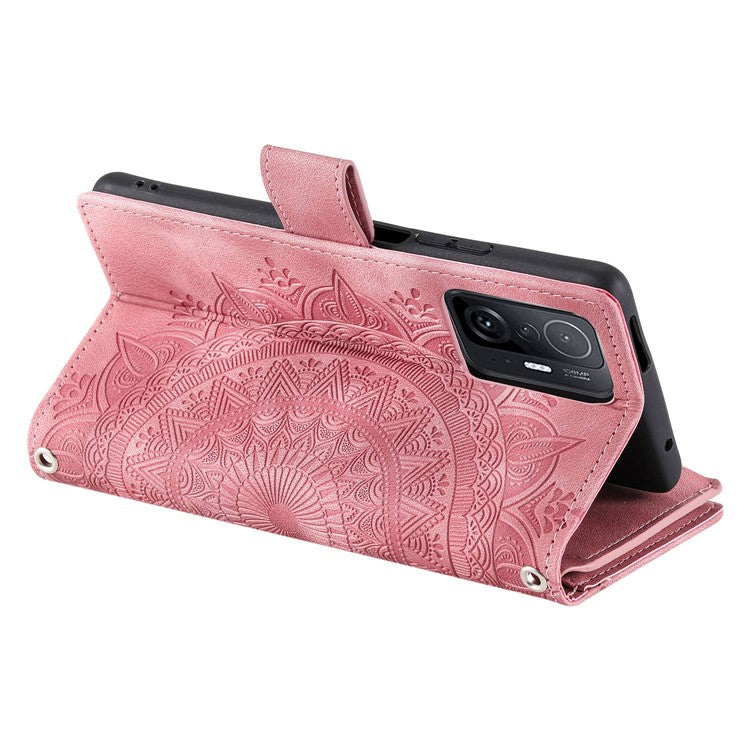 Zipper Pocket Wallet Phone Case For Xiaomi 11T Pro 5G / 11T 5G, Mandala Flower Imprinted PU Leather Protective Phone Cover Stand Multiple Card Slots with Strap - Rose Gold