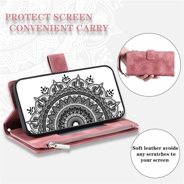 Zipper Pocket Wallet Phone Case For Xiaomi 11T Pro 5G / 11T 5G, Mandala Flower Imprinted PU Leather Protective Phone Cover Stand Multiple Card Slots with Strap - Rose Gold