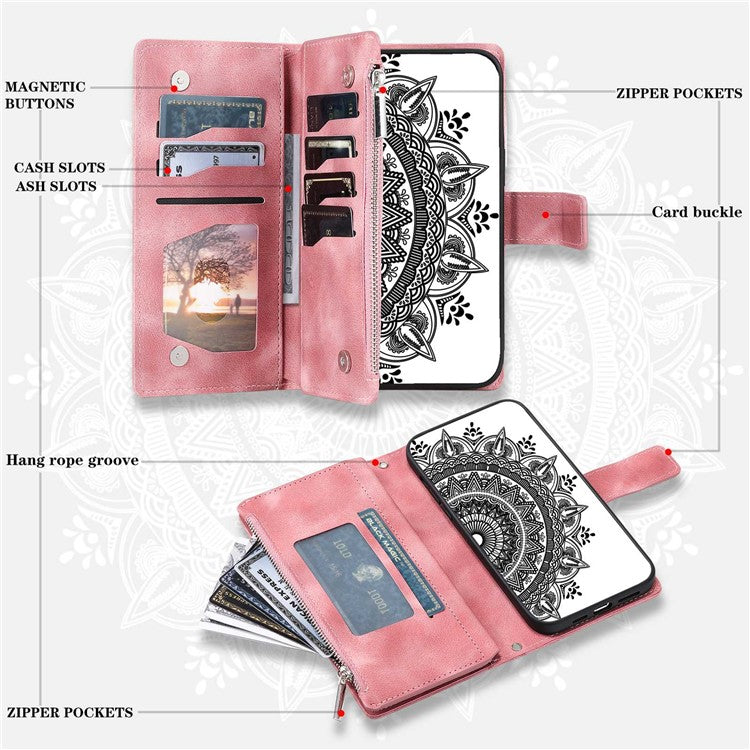 Zipper Pocket Wallet Phone Case For Xiaomi 11T Pro 5G / 11T 5G, Mandala Flower Imprinted PU Leather Protective Phone Cover Stand Multiple Card Slots with Strap - Rose Gold