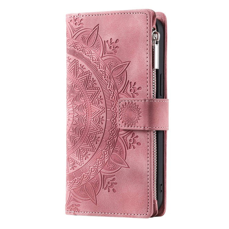 Zipper Pocket Wallet Phone Case For Xiaomi 11T Pro 5G / 11T 5G, Mandala Flower Imprinted PU Leather Protective Phone Cover Stand Multiple Card Slots with Strap - Rose Gold