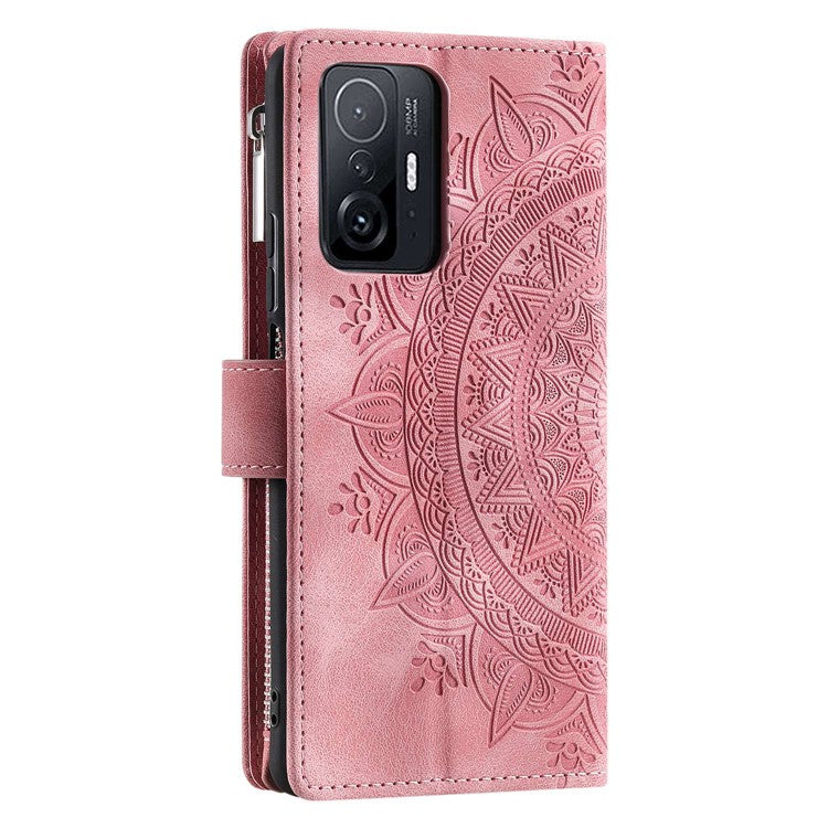 Zipper Pocket Wallet Phone Case For Xiaomi 11T Pro 5G / 11T 5G, Mandala Flower Imprinted PU Leather Protective Phone Cover Stand Multiple Card Slots with Strap - Rose Gold
