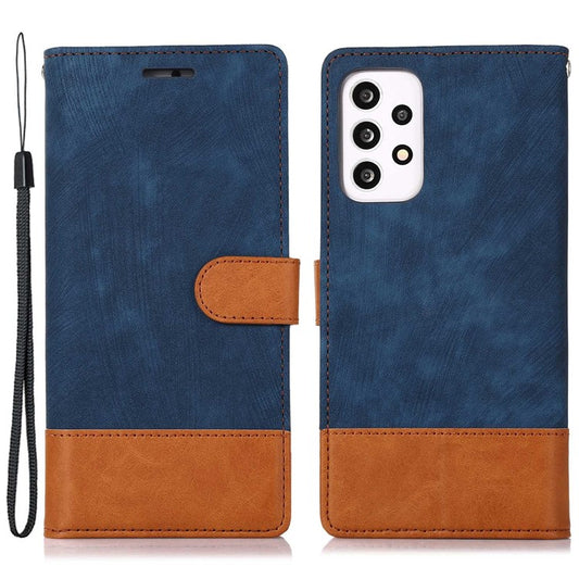 For Samsung Galaxy A13 4G / A13 5G / M13 5G / A04 4G (164.4 x 76.3 x 9.1 mm) / A04s 4G (164.7 x 76.7 x 9.1 mm) Color Splicing Wallet Phone Case Skin-Touch Feeling PU  Leather Stand Flip Cover - Blue
