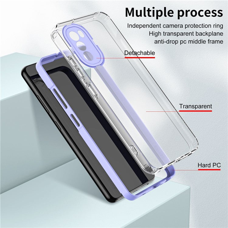 Cellphone Cover for Motorola Moto G62 5G, 3-in-1 Clear TPU Backplate + PC Frame + PC Camera Protection Ring Phone Back Case - Purple