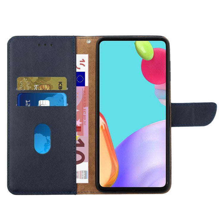 For Motorola Moto E22s 4G / E32 (India) 4G HT02 Genuine Leather Nappa Texture Wallet Case with Stand Function Flip Phone Cover Strong Magnetic Clasp Shell - Blue