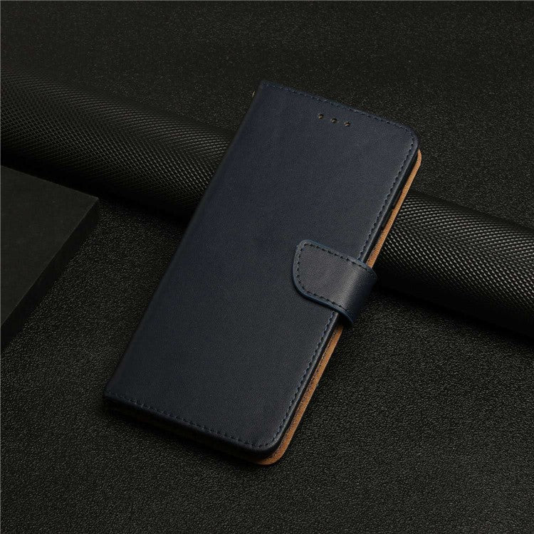For Motorola Moto E22s 4G / E32 (India) 4G HT02 Genuine Leather Nappa Texture Wallet Case with Stand Function Flip Phone Cover Strong Magnetic Clasp Shell - Blue