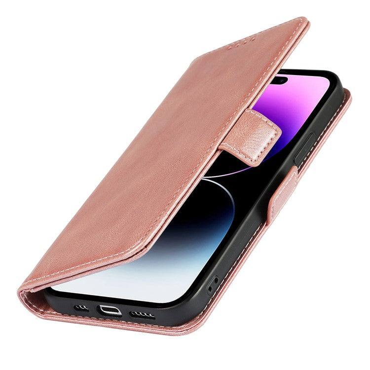 For iPhone 14 Pro Max Anti-scratch Phone Case Retro Wallet Stand Magnetic Clasp Drop Proof Flip Leather Phone Cover with Strap - Rose Gold