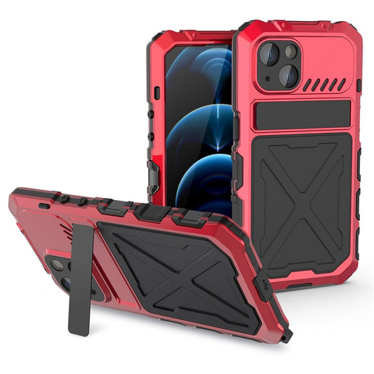 R-JUST Phone Case Kickstand For iPhone 14  Silicone + Metal Phone Cover with Tempered Glass Screen Protector - Red