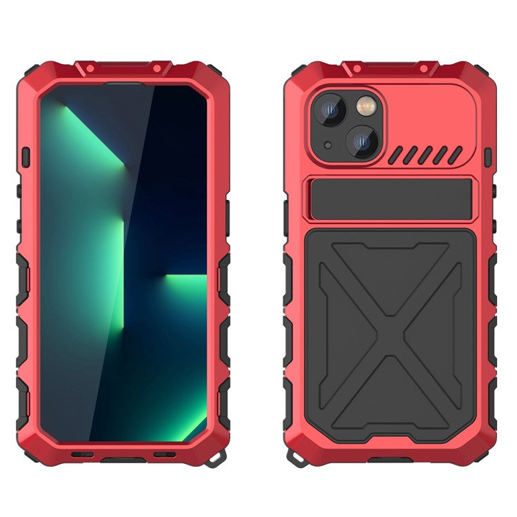 R-JUST Phone Case Kickstand For iPhone 14  Silicone + Metal Phone Cover with Tempered Glass Screen Protector - Red