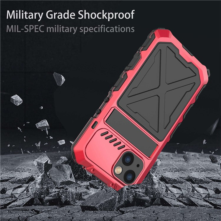R-JUST Phone Case Kickstand For iPhone 14  Silicone + Metal Phone Cover with Tempered Glass Screen Protector - Red