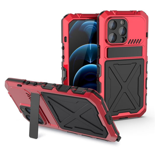 R-JUST Shockproof Phone Case For iPhone 14 Pro, Silicone + Metal Phone Cover Kickstand with Tempered Glass Screen Protector - Red