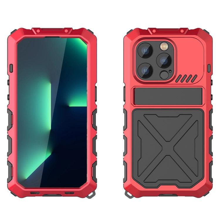 R-JUST Shockproof Phone Case For iPhone 14 Pro, Silicone + Metal Phone Cover Kickstand with Tempered Glass Screen Protector - Red