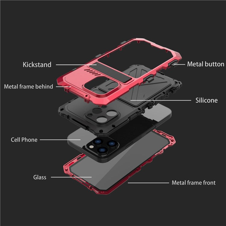 R-JUST Shockproof Phone Case For iPhone 14 Pro, Silicone + Metal Phone Cover Kickstand with Tempered Glass Screen Protector - Red