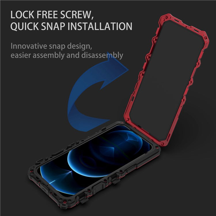 R-JUST Shockproof Phone Case For iPhone 14 Pro, Silicone + Metal Phone Cover Kickstand with Tempered Glass Screen Protector - Red