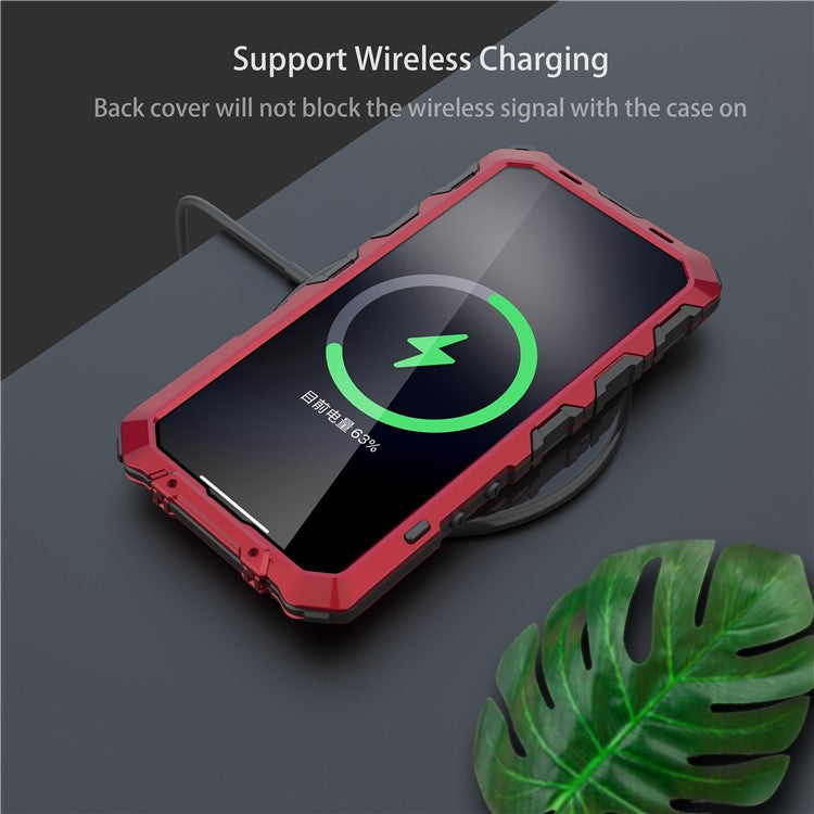 R-JUST Shockproof Phone Case For iPhone 14 Pro, Silicone + Metal Phone Cover Kickstand with Tempered Glass Screen Protector - Red
