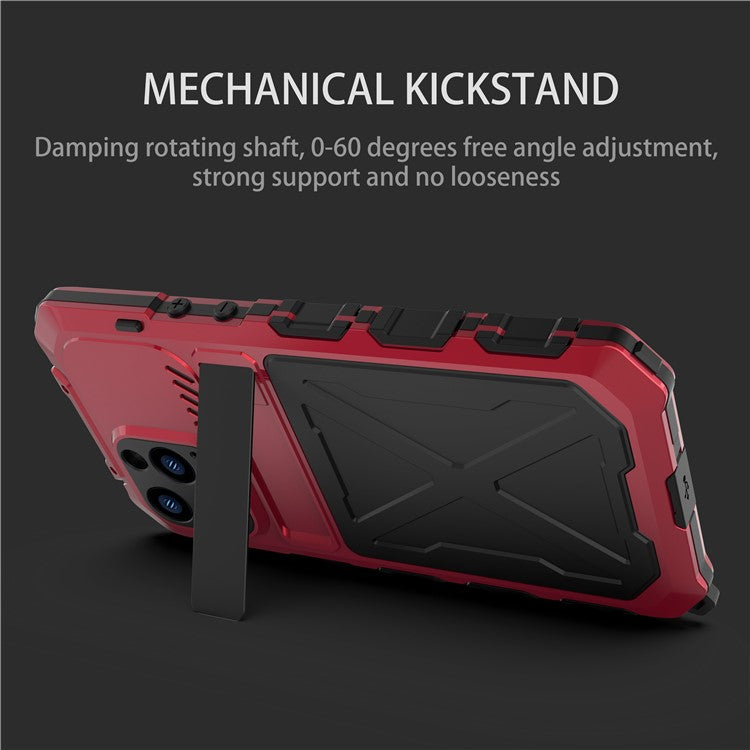 R-JUST Shockproof Phone Case For iPhone 14 Pro, Silicone + Metal Phone Cover Kickstand with Tempered Glass Screen Protector - Red