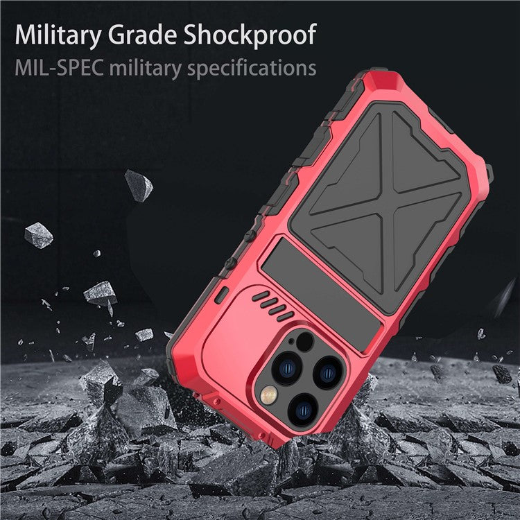 R-JUST Shockproof Phone Case For iPhone 14 Pro, Silicone + Metal Phone Cover Kickstand with Tempered Glass Screen Protector - Red