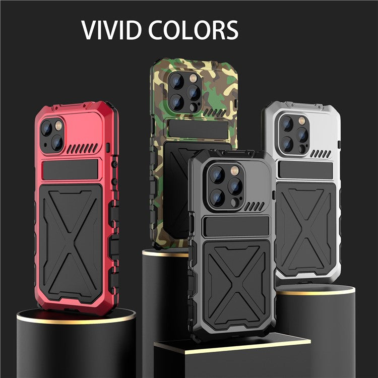 R-JUST Shockproof Phone Case For iPhone 14 Pro, Silicone + Metal Phone Cover Kickstand with Tempered Glass Screen Protector - Red