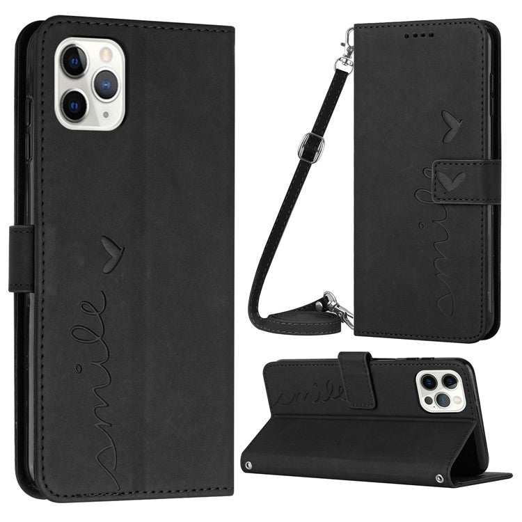 Skin-touch Feeling Case for iPhone 14 Pro, Heart Shape Imprinted Wallet Stand PU Leather Phone Cover with Shoulder Strap - Black