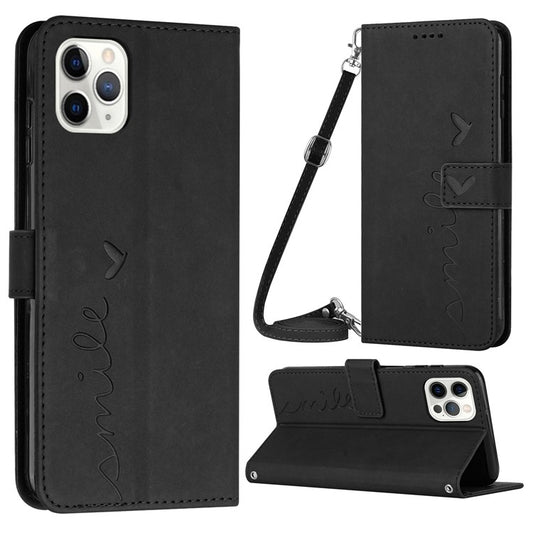 Skin-touch Feeling Case for iPhone 14 Pro, Heart Shape Imprinted Wallet Stand PU Leather Phone Cover with Shoulder Strap - Black