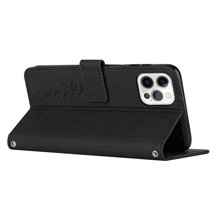 Skin-touch Feeling Case for iPhone 14 Pro, Heart Shape Imprinted Wallet Stand PU Leather Phone Cover with Shoulder Strap - Black