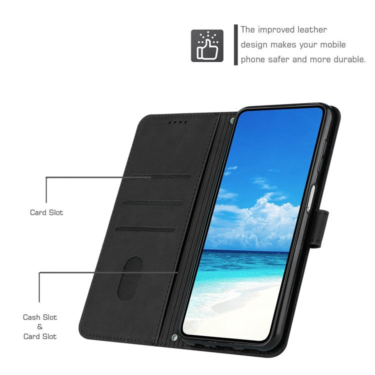 Skin-touch Feeling Case for iPhone 14 Pro, Heart Shape Imprinted Wallet Stand PU Leather Phone Cover with Shoulder Strap - Black